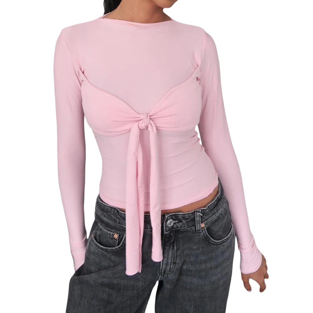 Women's Round Neck Tops Long Sleeve Tie Knot Front Solid Color Slim Fit T-Shirt Casual Blouse