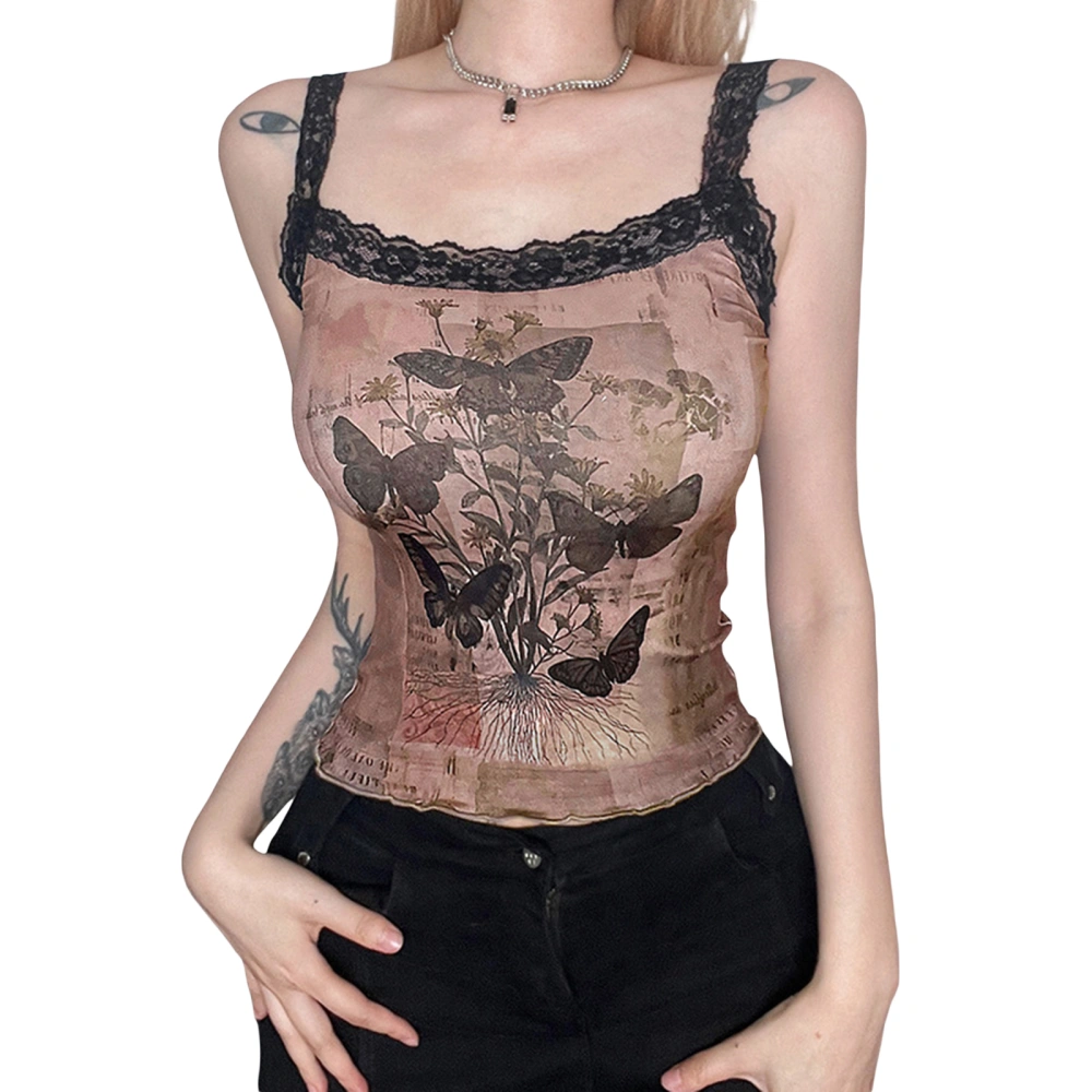 Women's Butterfly Print Tank Tops Gothic Sleeveless Square Neck Lace Trim Slim Fit Tops Aesthetic Clothes