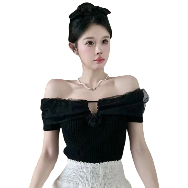 Women's Ribbed Knit Cop Tops Off Shoulder Short Sleeve 3D Flower Front Solid Color T-Shirts Clubwear