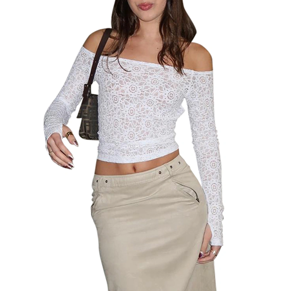 Women's Sheer Lace Crop Tops Off Shoulder Long Sleeve Back Cutout Slim Fit T-Shirts Dressy Blouses