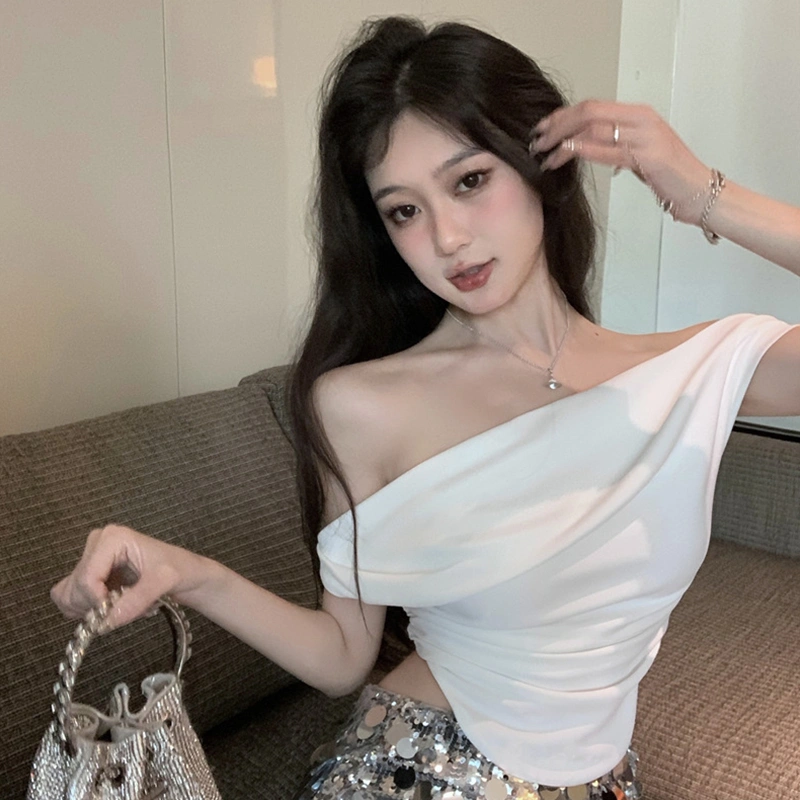 Women Boat Neck Crop Tops Solid Color Off Shoulder Irregular Hem Slim Fit T-Shirts Summer Casual Shirts Streetwear