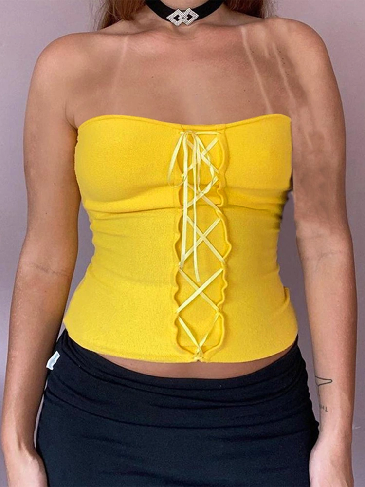 Women´s Summer Mini Skinny Bandeau Yellow Sleeveless Off Shoulder Bandage Tube Tops