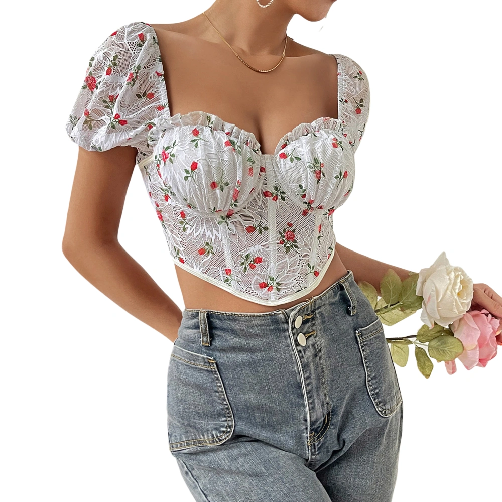 Women Lace Crop T-shirts Corset Summer Floral Print Puff Sleeve Basic Pullover Tops for Party Streetwear