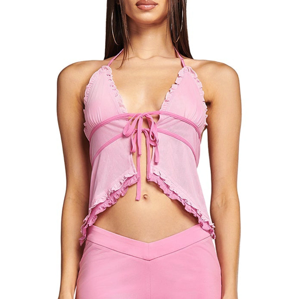 Women's Summer Slim Sling Vest Pink Sleeveless Backless Hanging Neck Tie Up Tops