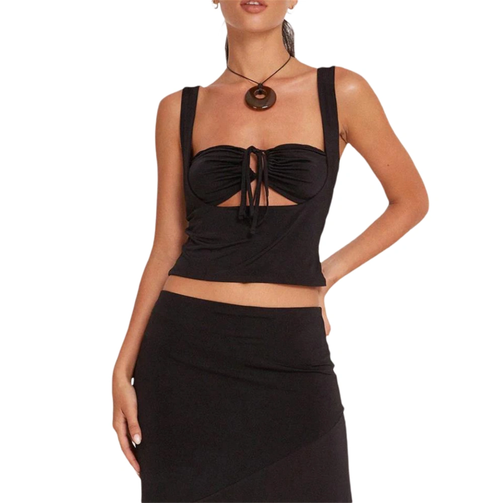 Women's Summer Mini Sling Vest Black Sleeveless Backless Hollow Tie Up Crop Tops