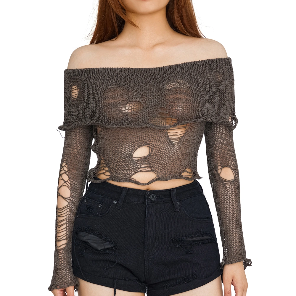 Women Long Sleeve Off-shoulder Knitted Shirt Casual Cutout Ripped Basic Cropped Tops Streetwear Clubwear