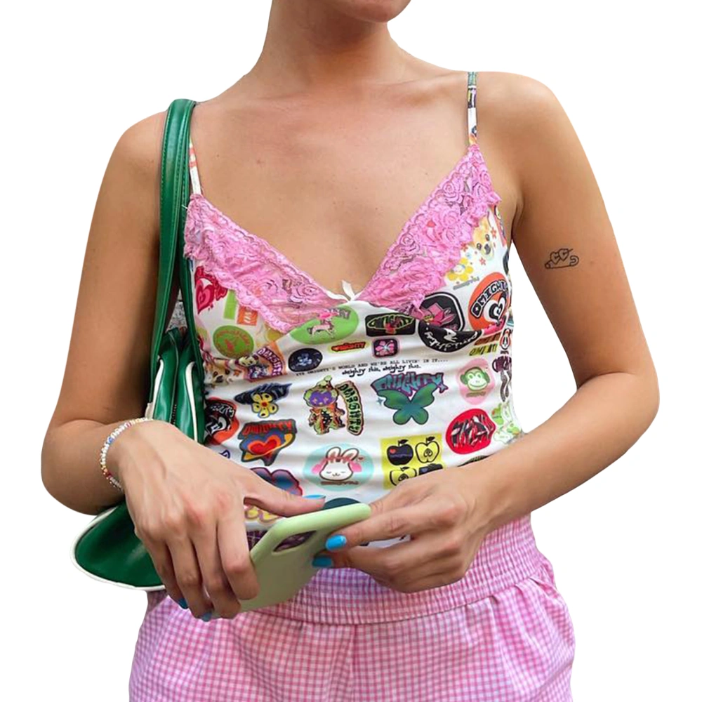 Women's Summer Mini Sling Vest Sleeveless V Neck Cartoon Pattern Print Camisoles