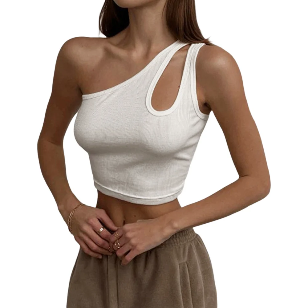 Women's One Shoulder Tank Tops, Fashion Sleeveless Solid Color Cut Out Crop Tops