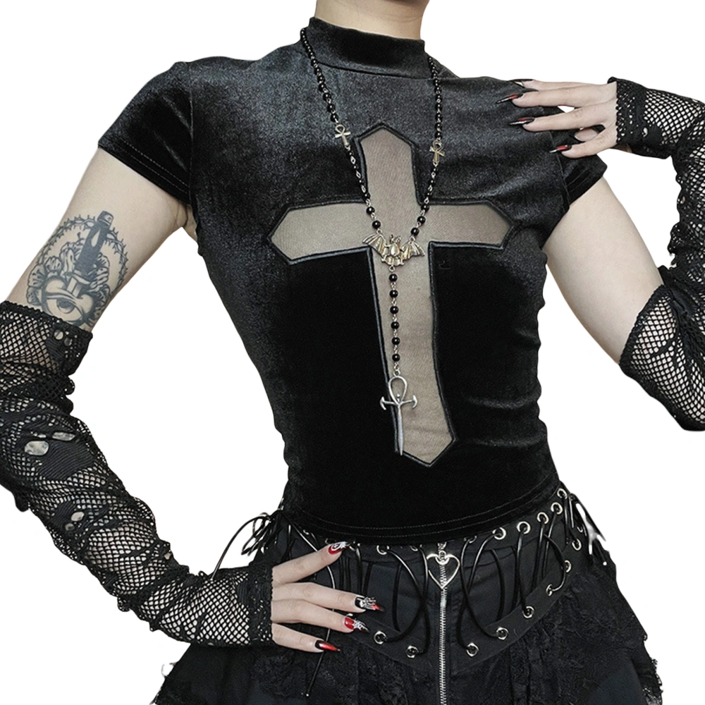 Women Gothic Tops See-Through Cross Crop Pullovers Summer Short Sleeve T-Shirts for Party Streetwear Aesthetic Clothes