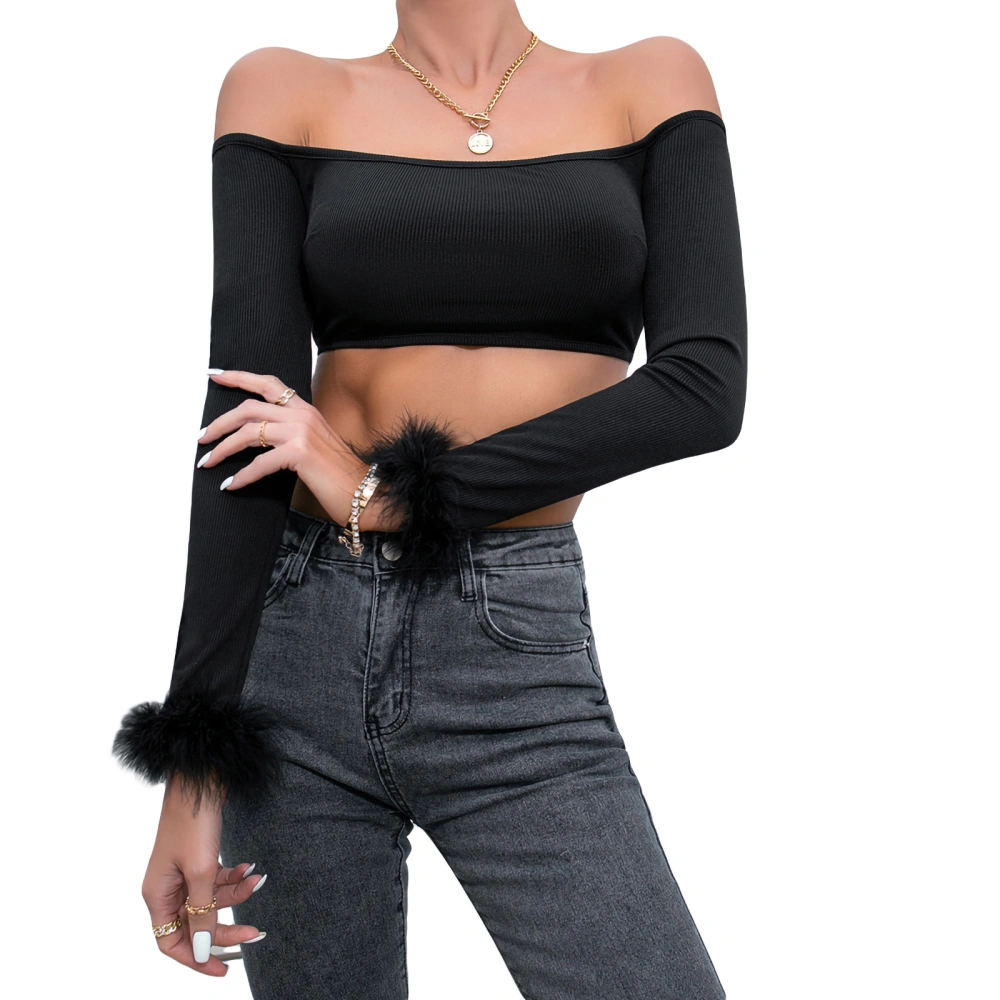 Women Crop Top, Long Sleeve Off-shoulder Furry Patchwork Ladies Tops for Club Party