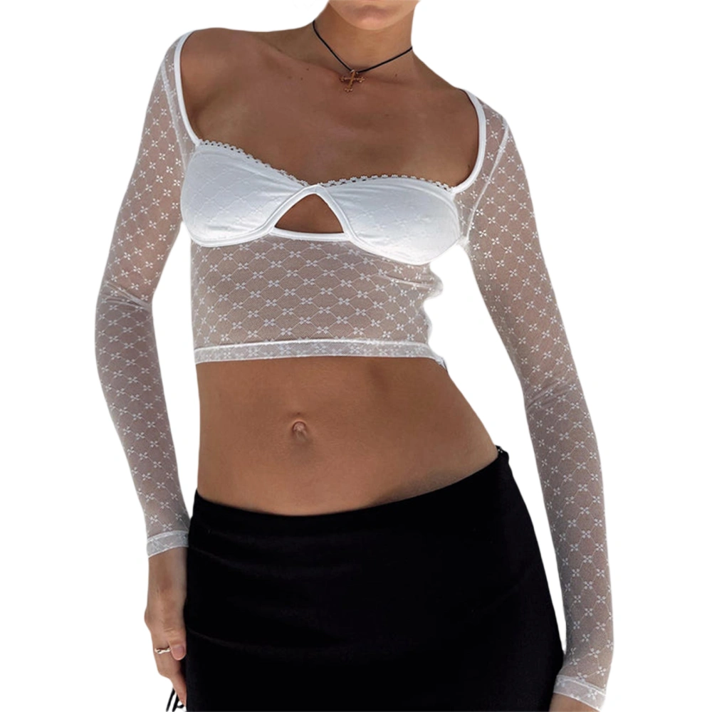 Women Crop Tops, Long Sleeve Square Neck See Through Zipper Solid Color Casual Party Summer Spring Shirt