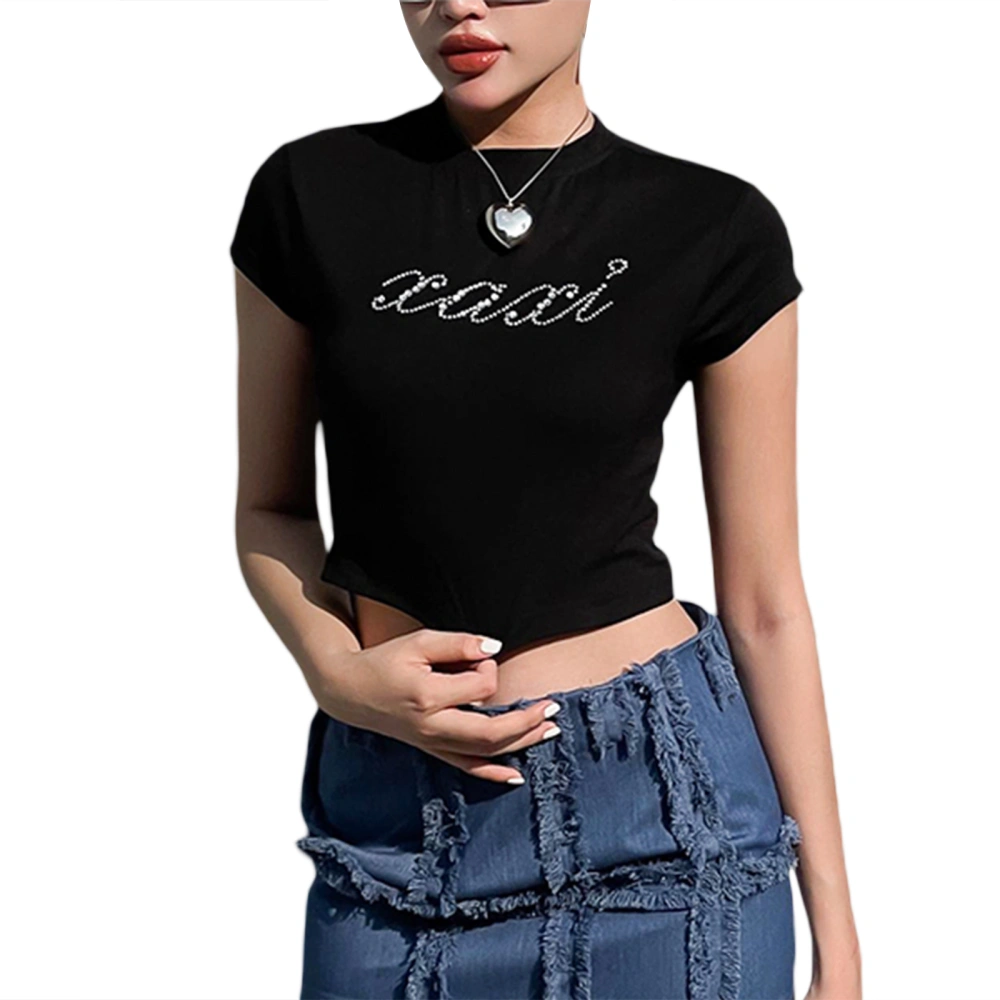 Women Fashion Rhinestone Crop Tops Short Sleeve Crew Neck Slim Fit T-Shirts Summer Exposed Navel Shirts Streetwear