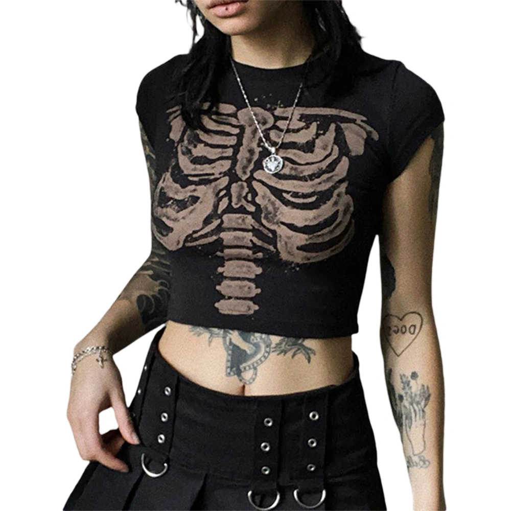 Women's Summer Slim Fit Crop Tops Black Short Sleeve O Neck Skull Print Skinny T-shirt