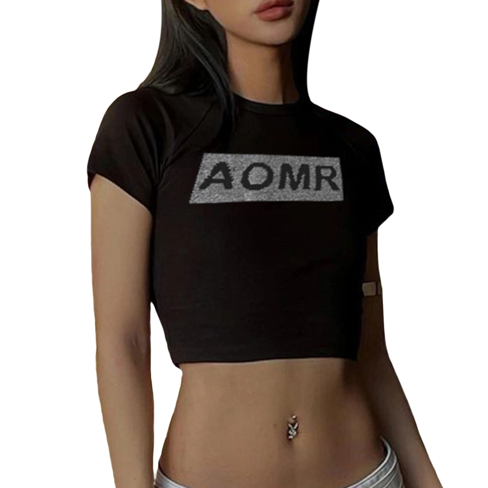 Women Short Sleeve Crop Tops Rhinestone Letter Crew Neck Slim Fit T-Shirts Summer Casual Shirts Streetwear