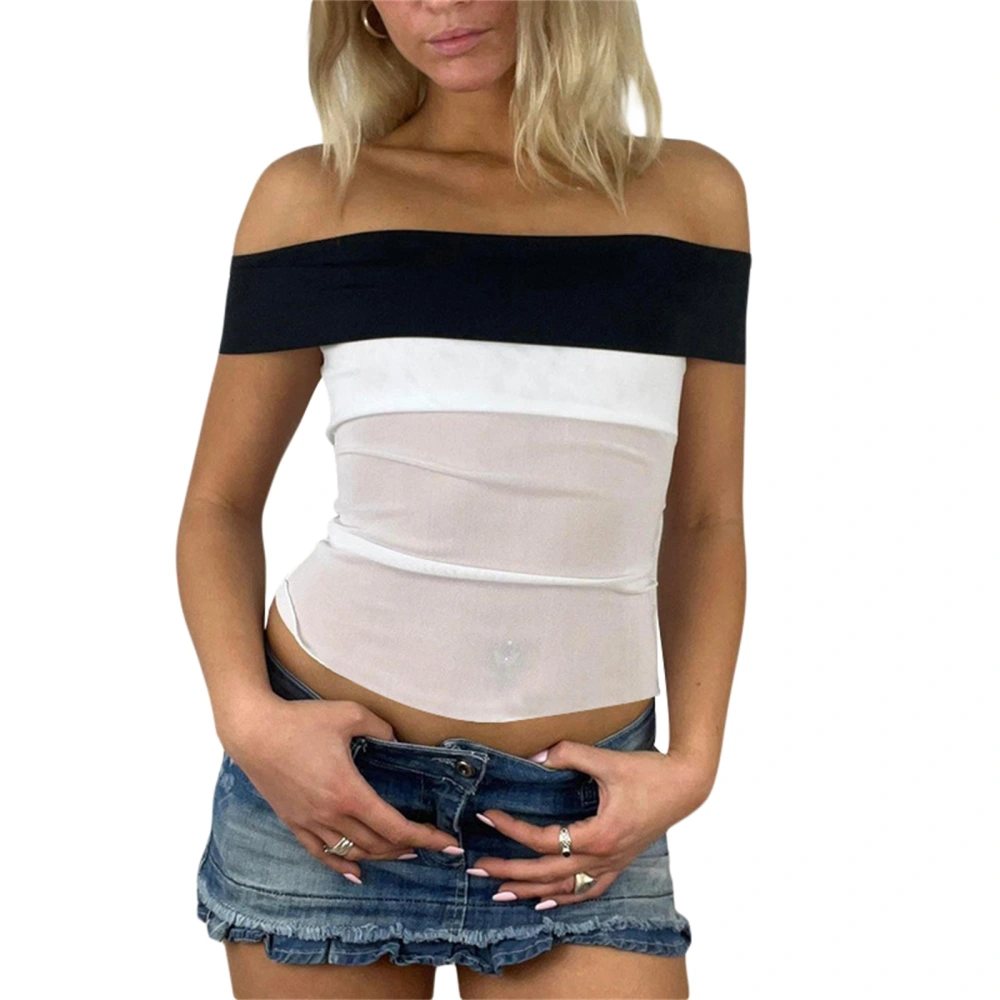 Women's Summer Slim Crop Tops Sleeveless Backless Off Shoulder Contrast Color T-shirt