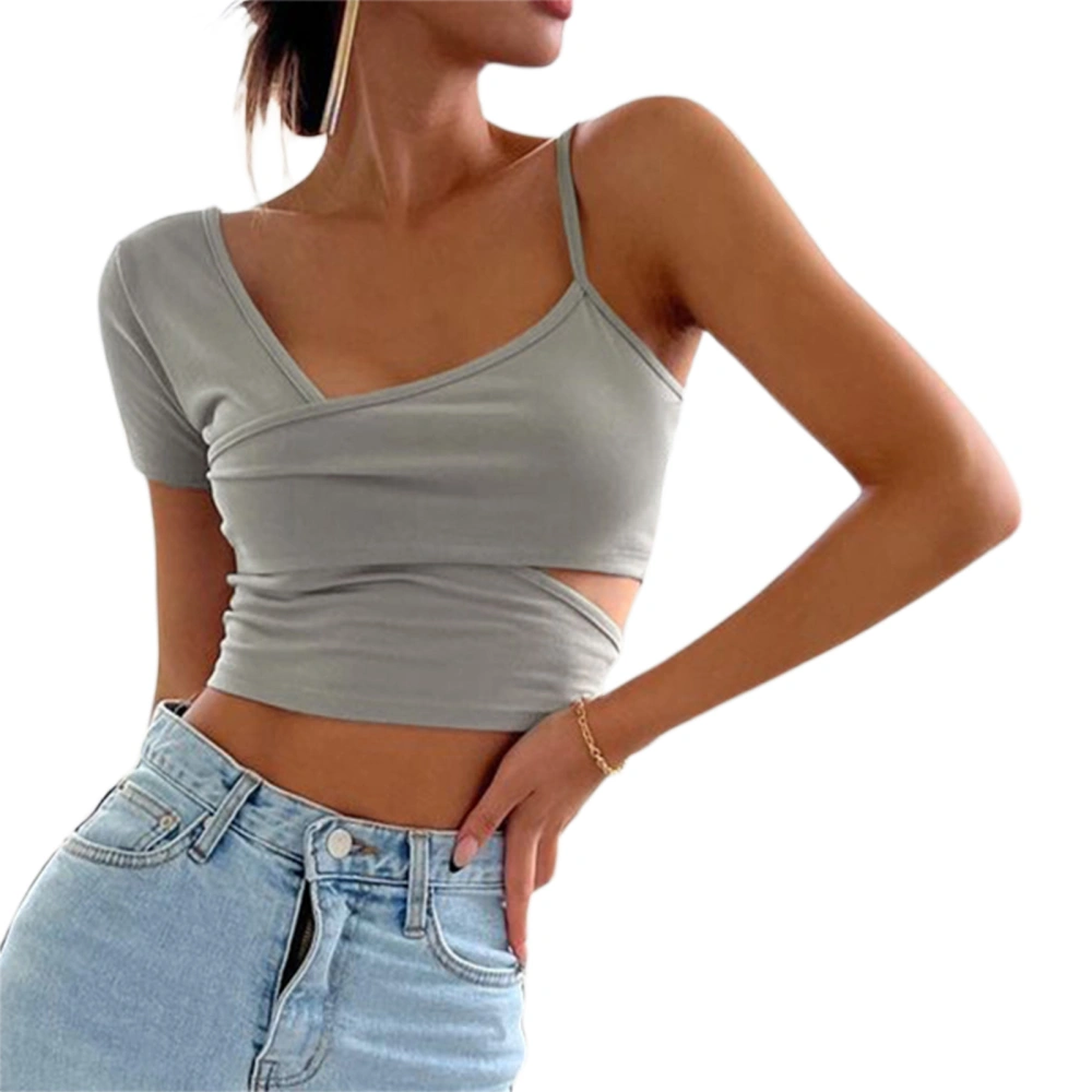 Women Short Sleeve Crop Tops Solid Color Irregular Spaghetti Strap Sling Slim Fit T-Shirts Summer Casual Shirts Streetwear