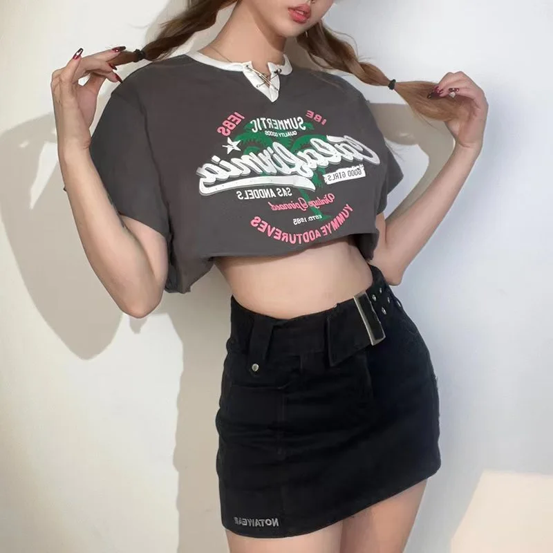 Women's Summer Slim Fit Crop Tops Gray Short Sleeve O Neck Letter Print T-shirts