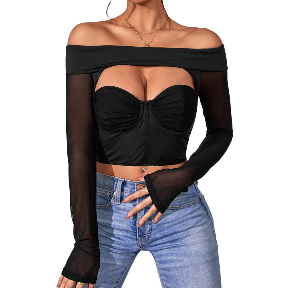 Women Long Sleeve Mesh Shirt Casual Cutout Underwire Off-shoulder Cropped Tops Streetwear Clubwear