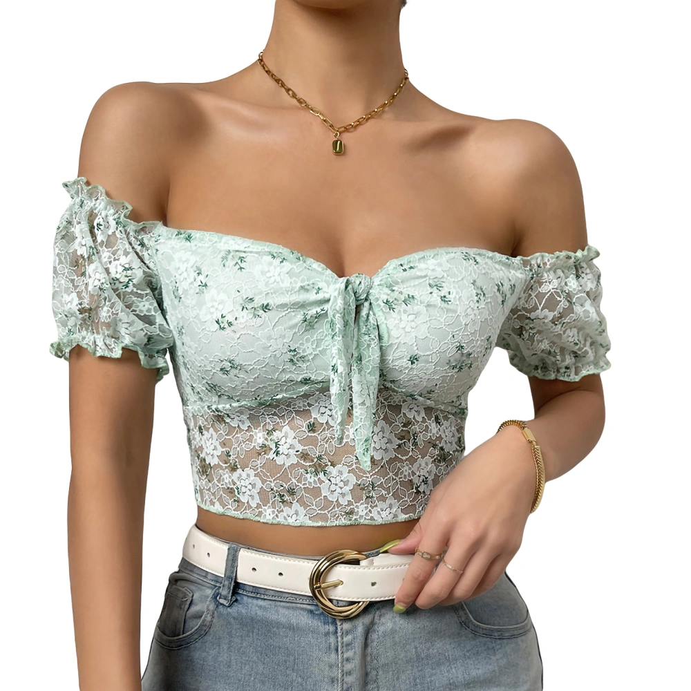 Women Off-shoulder Tops Summer Bandage Floral Lace Short Sleeve Basic Crop T-shirts for Party Streetwear