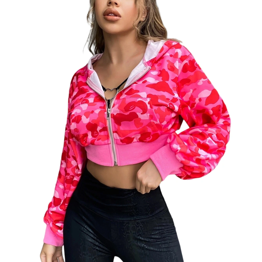 Women’s Zip Up Cropped Hoodies, Long Sleeve Camouflage Print Slim Fit Sweatshirts