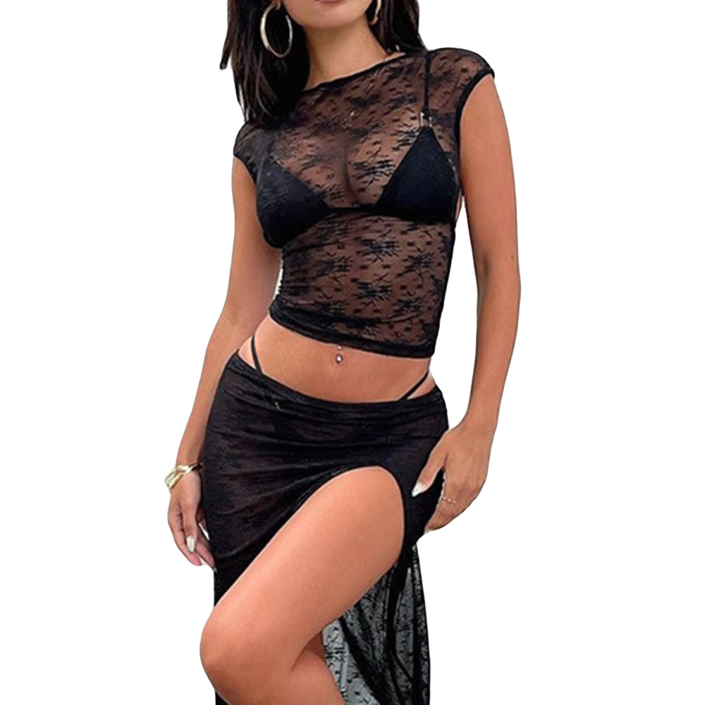 Women Crop Tops, Short Sleeve Hanging Neck See Through Lace Backless Tops for Casual Party Summer Holiday