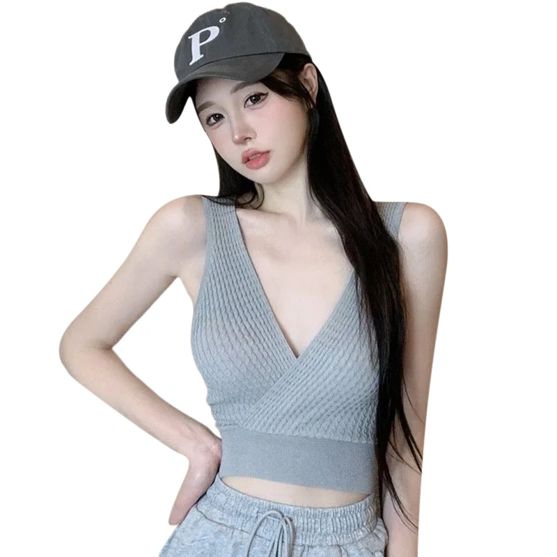 Women's Summer Short Knit Vest Solid Color Sleeveless Deep V Neck Slim Crop Tops