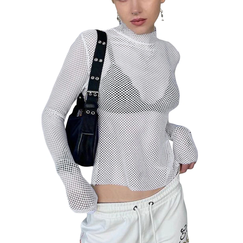 Women’s Sheer Fishnet Tops, Long Sleeve Mock Neck Solid Color Slim Fit Mesh T-Shirts