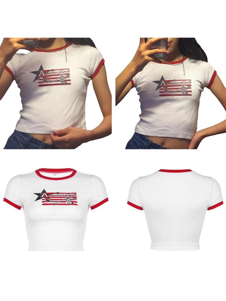 Women's Summer Slim Crop Tops White Short Sleeve O Neck Star Print Contrast Color T-shirt