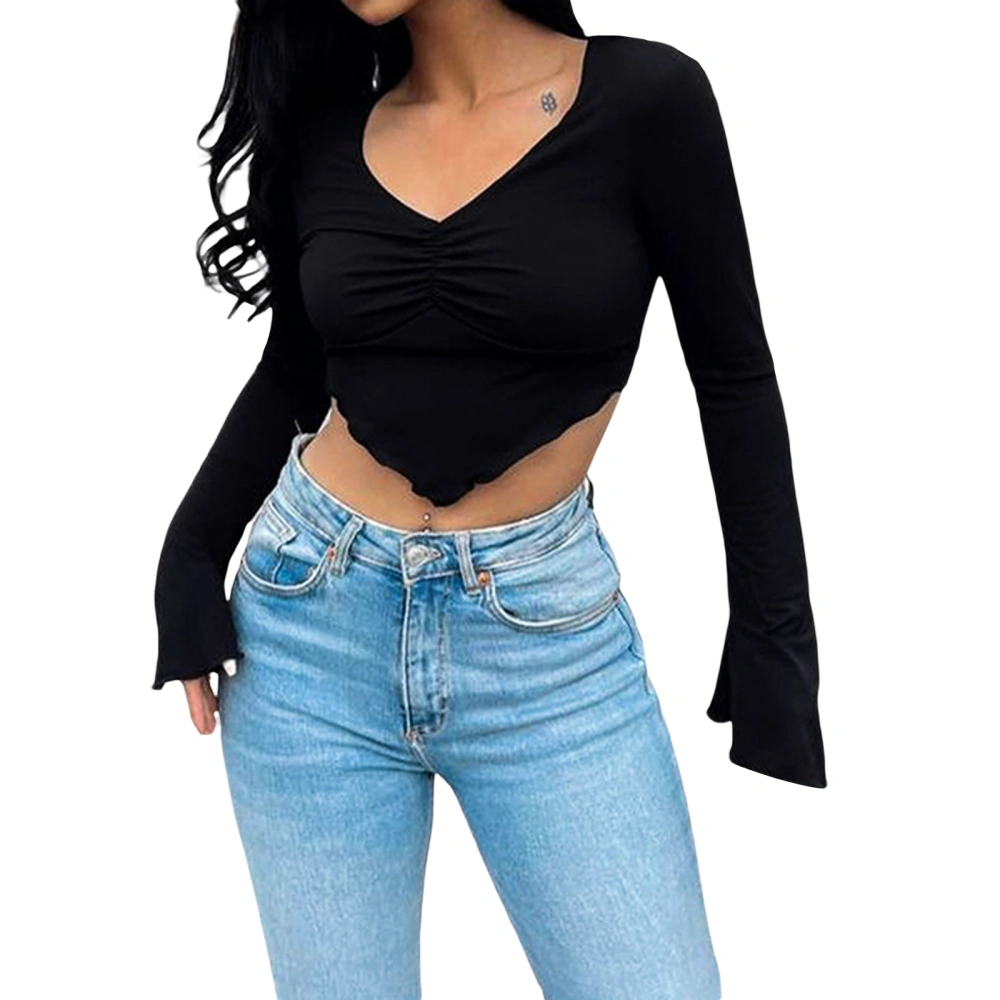 Women T-shirt, Long Sleeve V Neck Backless Chained Pleated Irregular Crop Top for Club Party