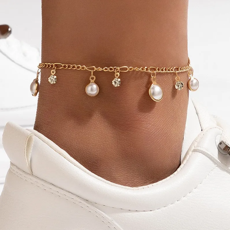 Shiny Zircon Tassel Pearl Anklet European And American Simple Beach Foot Ornaments