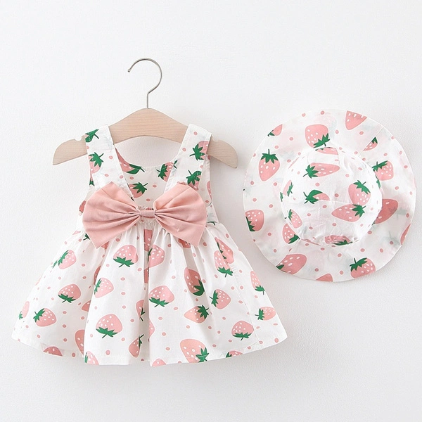 2Piece Summer Toddler Girl Clothes Set Baby Beach Dresses Cute Bow Plaid Sleeveless Cotton Newborn Princess Dress+Sunhat