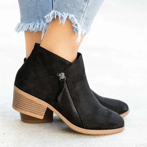 Women Autumn Winter Suede Boots Ladies Flock Ankle Boots Slip-On Round Toe Square Heel Solid Casual Booties