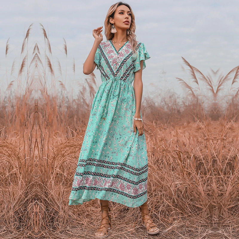 V-neck Ruffle Lace-up Bohemian Dress