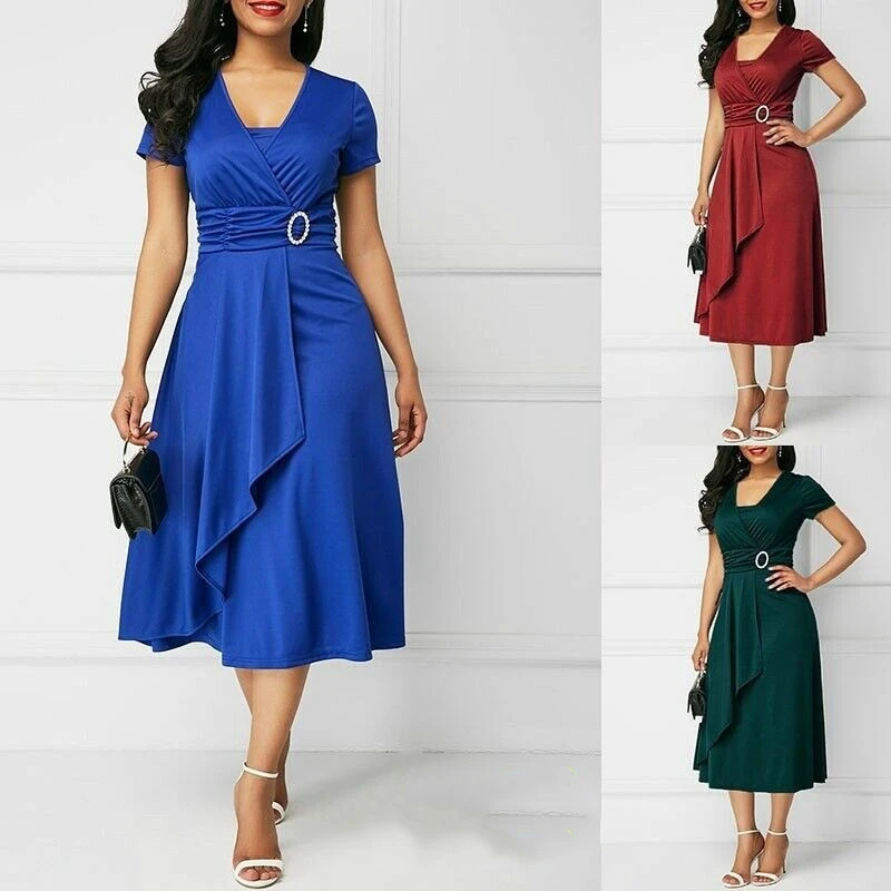 Asymmetrical Big V-neck High Waist Midi Dress