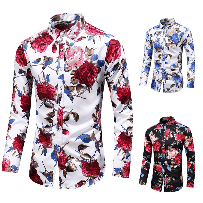 New Large Size Men's Printed Long Sleeved Shirt Rose Flower Shirt