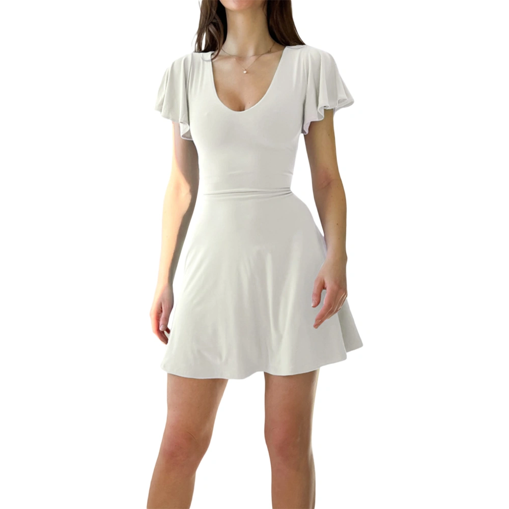 Women Mini Dress, Fly Sleeve U Neck Tie-up Solid Color Summer Dress Streetwear for Daily Party