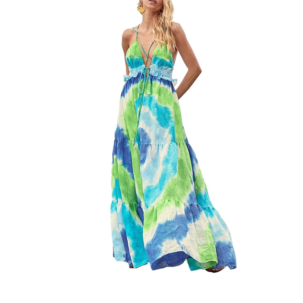 Women Slip Dress, Sleeveless Backless Tie-up Tie-dye Print Summer Swing Dress Long Dress