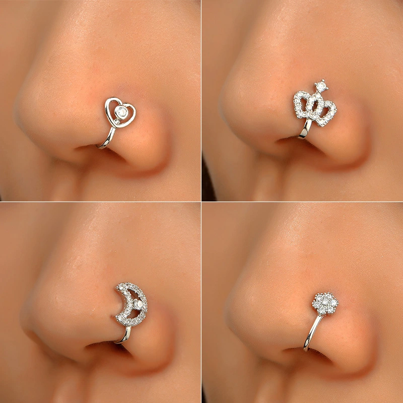 Copper Fake Piercing Nose Ring Heart Star Crown Clip On Nose Ear Clip Cuff Earring For Women Girl Gift Body Jewelry
