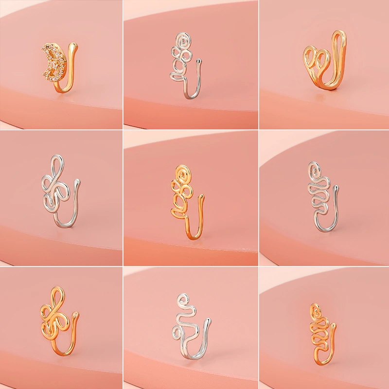 Copper Fake Piercing Nose Ring Heart Star Crown Clip On Nose Ear Clip Cuff Earring For Women Girl Gift Body Jewelry