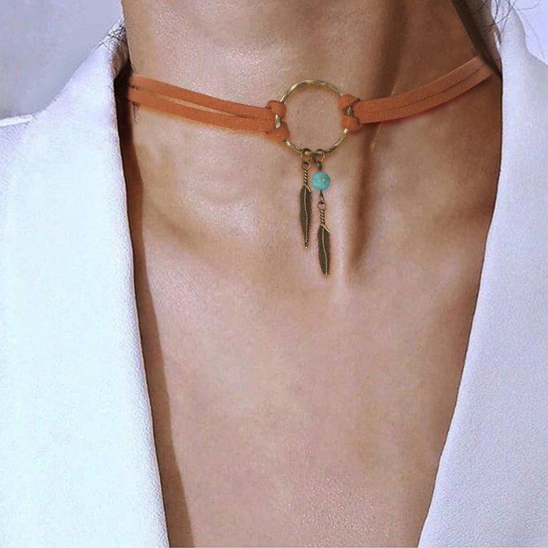 Trendy Bohemian Feather Suede Choker Necklace Native American Jewelry Ring Choker Boho Jewelry