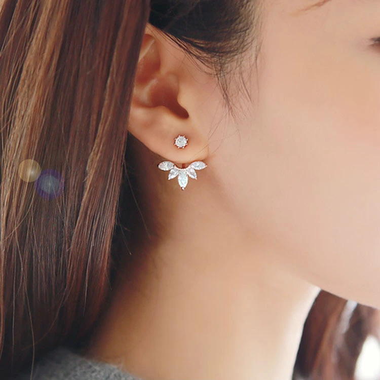 Women Fashion Double Side Crystal Flower Shaped Earings Hypoallergenic Ear Stud Earrings