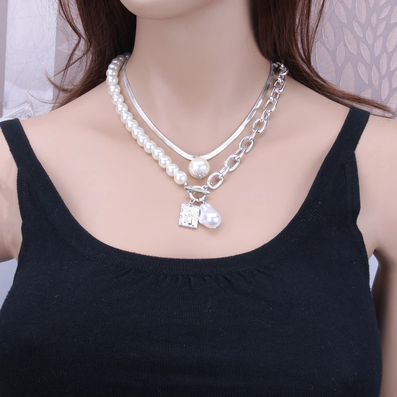 Women Fashion 2 Layers Pearls Pendants Necklaces Metal Snake Chain Necklace New Design Jewelry Gift