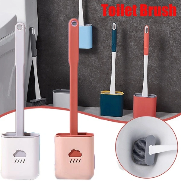 Toilet Brush Water Leak Proof with Base Silicone Wc Flat Head Flexible Soft Bristles Brush with Quick Drying Holder Set