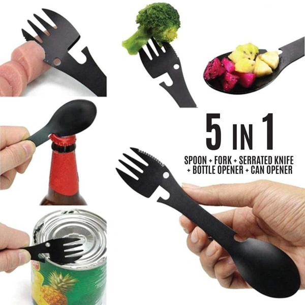 5 in 1 Multitool Stainless Steel Fork Spork Picnic Camp Multi Tool Flatware Utensil Can Opener Portable Tableware Bottle Spoon Cutlery Outdoor survival