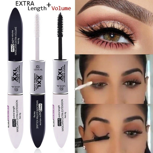 2 IN 1 Black Mascara Waterproof Silk Fiber Volume Double Effect Long Lasting Lengthening Curling Eyes Makeup