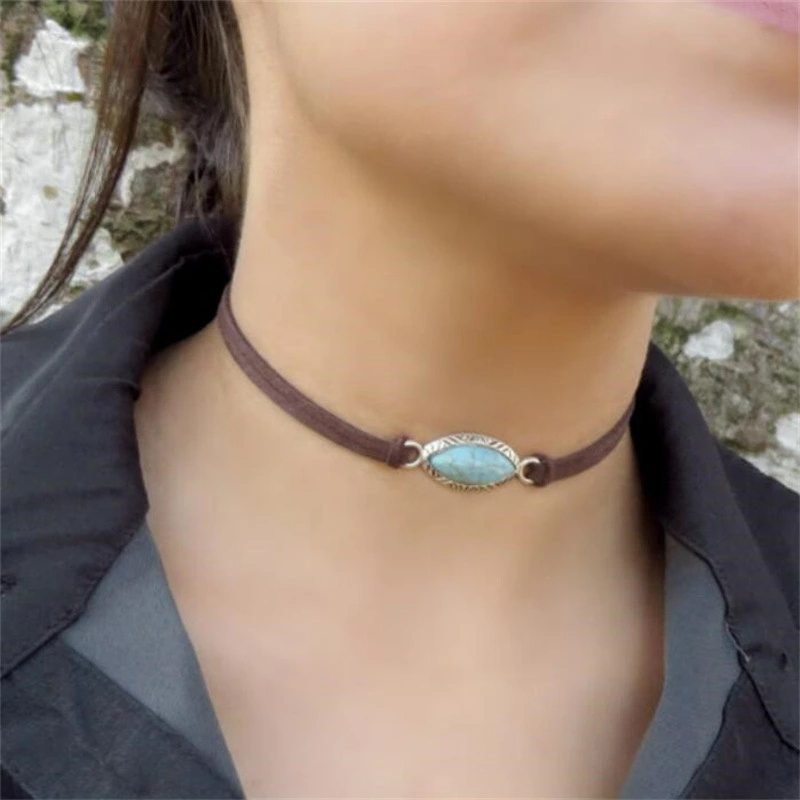 Bohemian Turquoise Necklace Native American Minimalist Suede Leather Choker Boho Jewelry