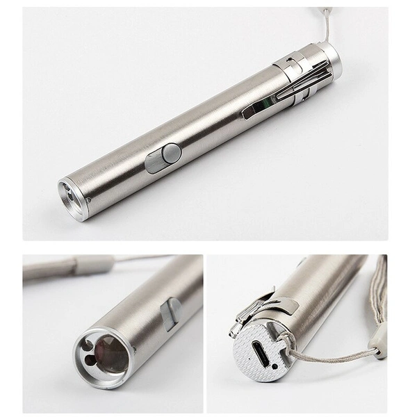 3 In 1 Stainless Steel Mini USB Rechargeable LED Flashlight Torch UV Money Detector Laser Penlight