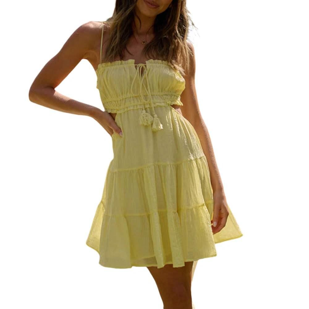 Women Sling Dress, Spaghetti Straps Backless Tie-up Hollowed Summer Mini A-line Dress