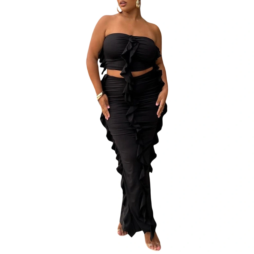 Women's 2 Piece Summer Outfits Off Shoulder Ruffle Tube Tops Long Bodycon Skirt Set