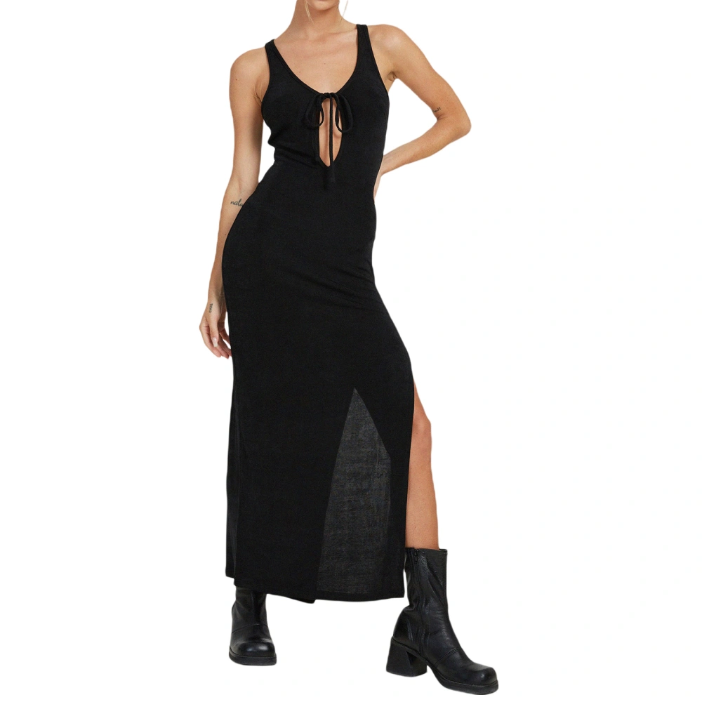 Women Long Bodycon Dress Solid Color V-Neck Cutout Tie-Up Sleeveless Dress Summer Racerback High Slit Party Dress